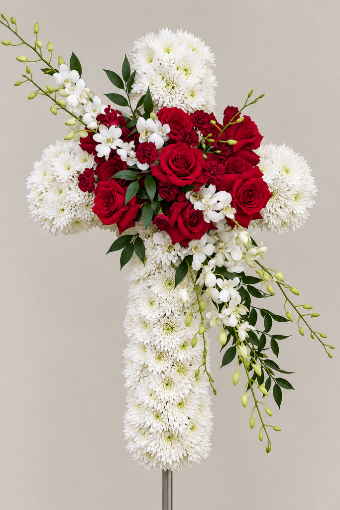 Red & White Elegant Cross Arrangement