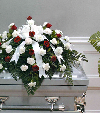 Basic Funerals Casket Spray Red and White - Beaudry Flowers