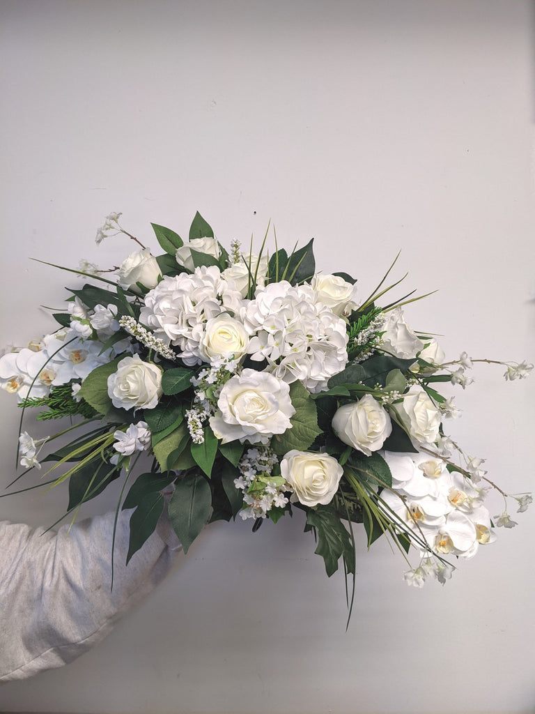 Artificial & Silk All White Tombstone Arrangement