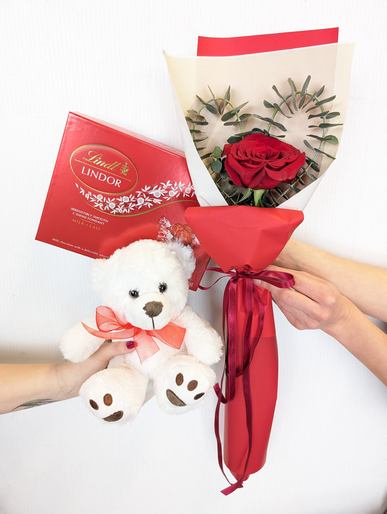 Love Day Single Rose Package (Chocolate & Plush)