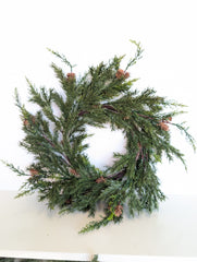 24" Artificial/Faux Winter Green Wreath w/ Pine Cones