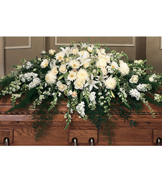 Full Casket Spray Styled In All White And Ivory Flowers - Beaudry Flowers
