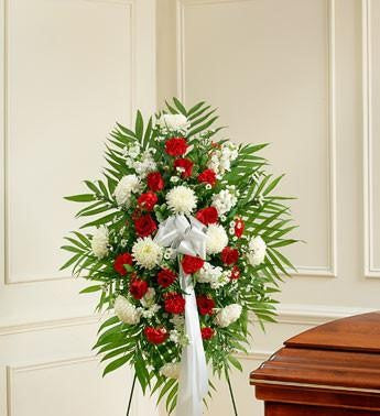 Deepest Sympathies Standing Spray – Red & White - Beaudry Flowers