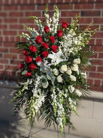 Red & White Classic Standing Spray – Beaudry Flowers