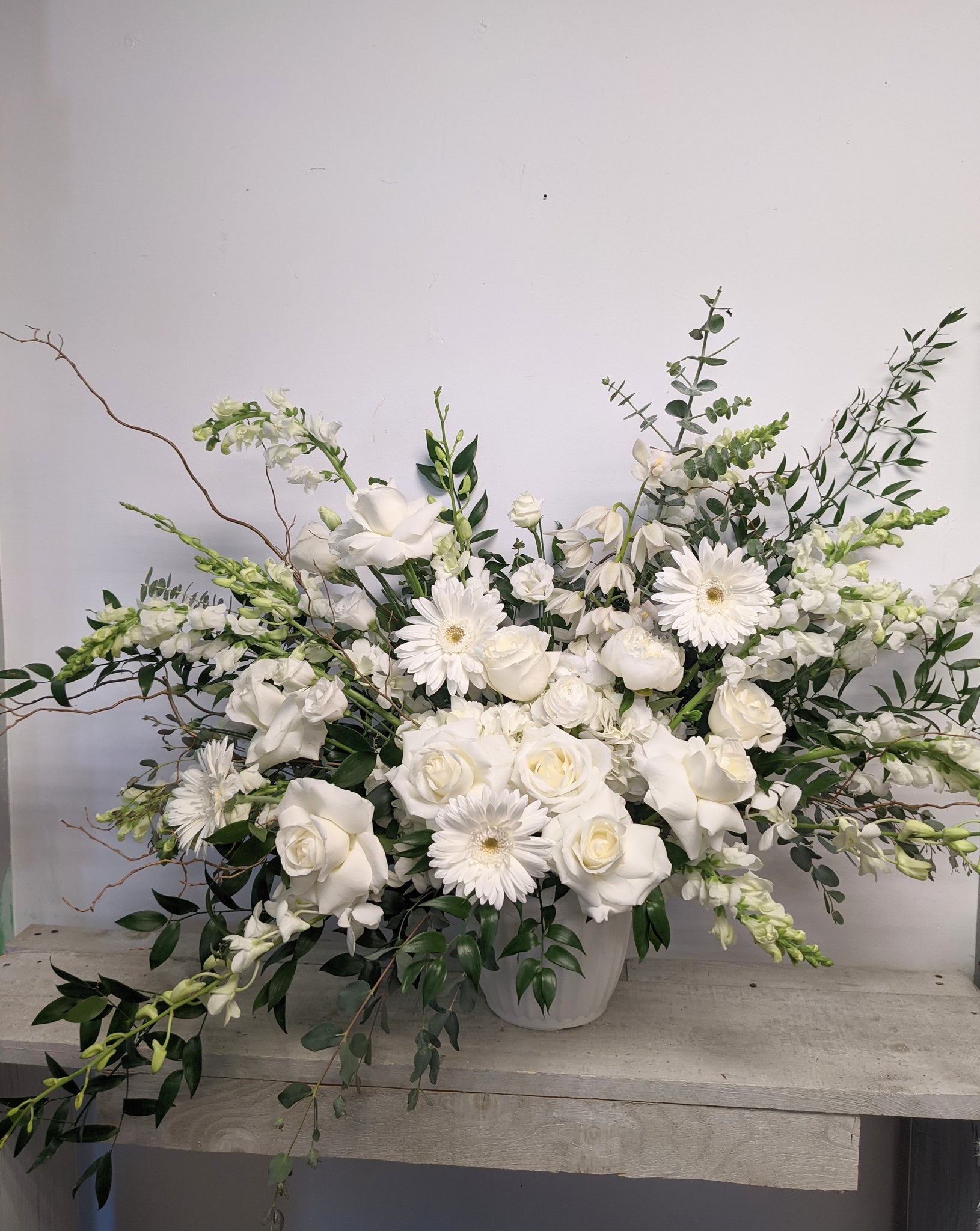 Grand All White & Curly Willow Arrangement – Beaudry Flowers