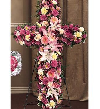 Religious Novelty Cross Styled with Lavender Pompons - Beaudry Flowers
