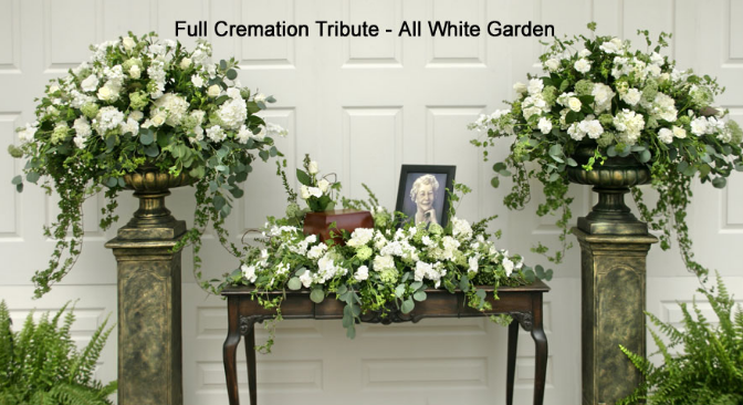 The Full Cremation Tribute – All White Garden - Beaudry Flowers